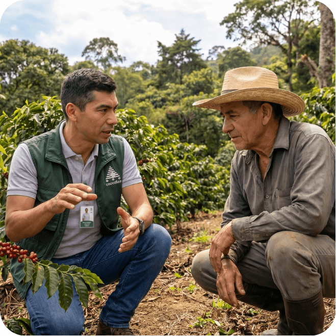 Técnico de Coocafisa conversando con un caficultor
