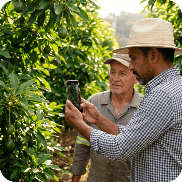 Productores muestreando aguacates con el celular