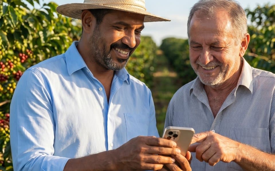 Dos productores de café revisando Harvis en el celular