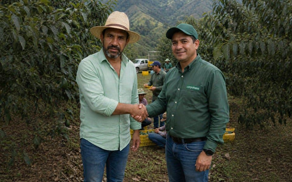 Productor y técnico frente a una cosecha de aguacate