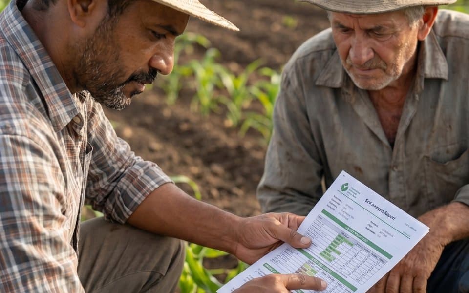 Técnico y productor revisando información de campo